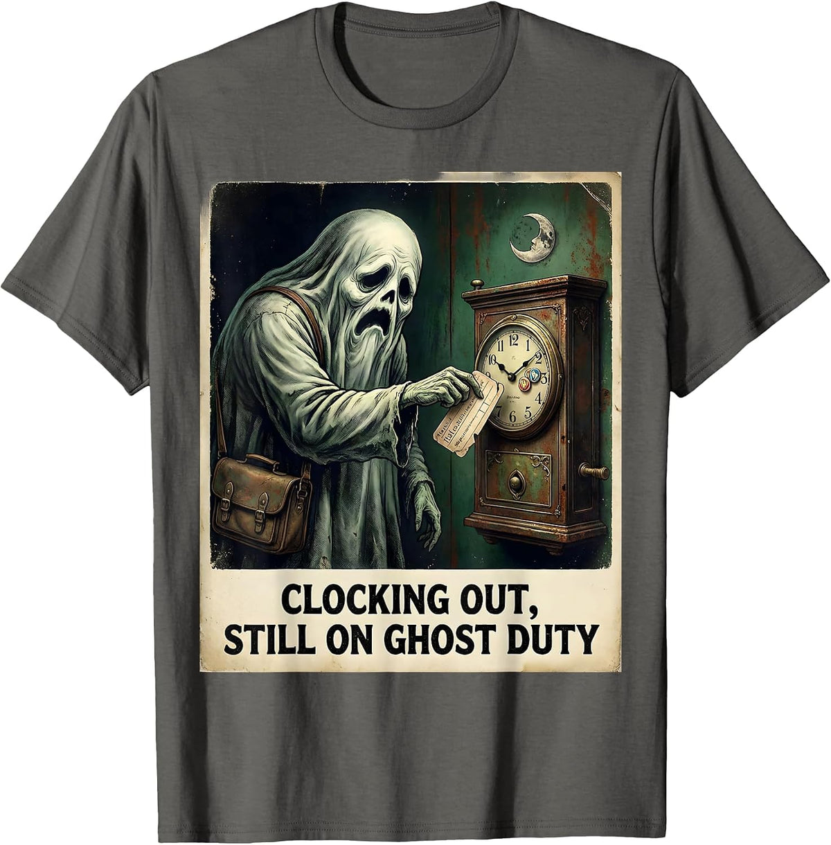Men's Clocking Out, Still On Ghost Duty Vintage Halloween School T-Shirt - Asphalt Grey
