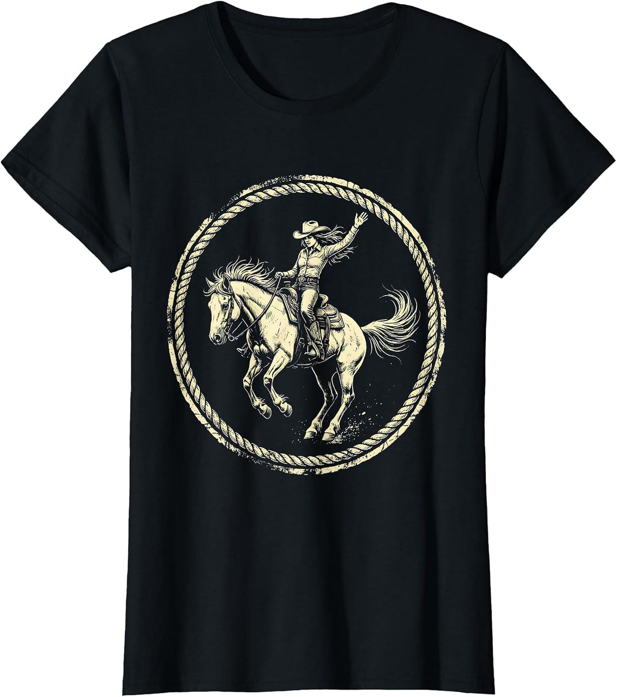 Women's Cowgirl Bucking Bronco Rodeo Rider Illustration T-Shirt - Black