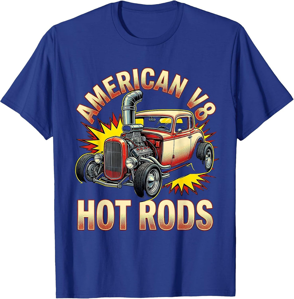 American V8 Hot Rods Pop Art Classic Muscle Car Enthusiast T-Shirt - Royal Blue