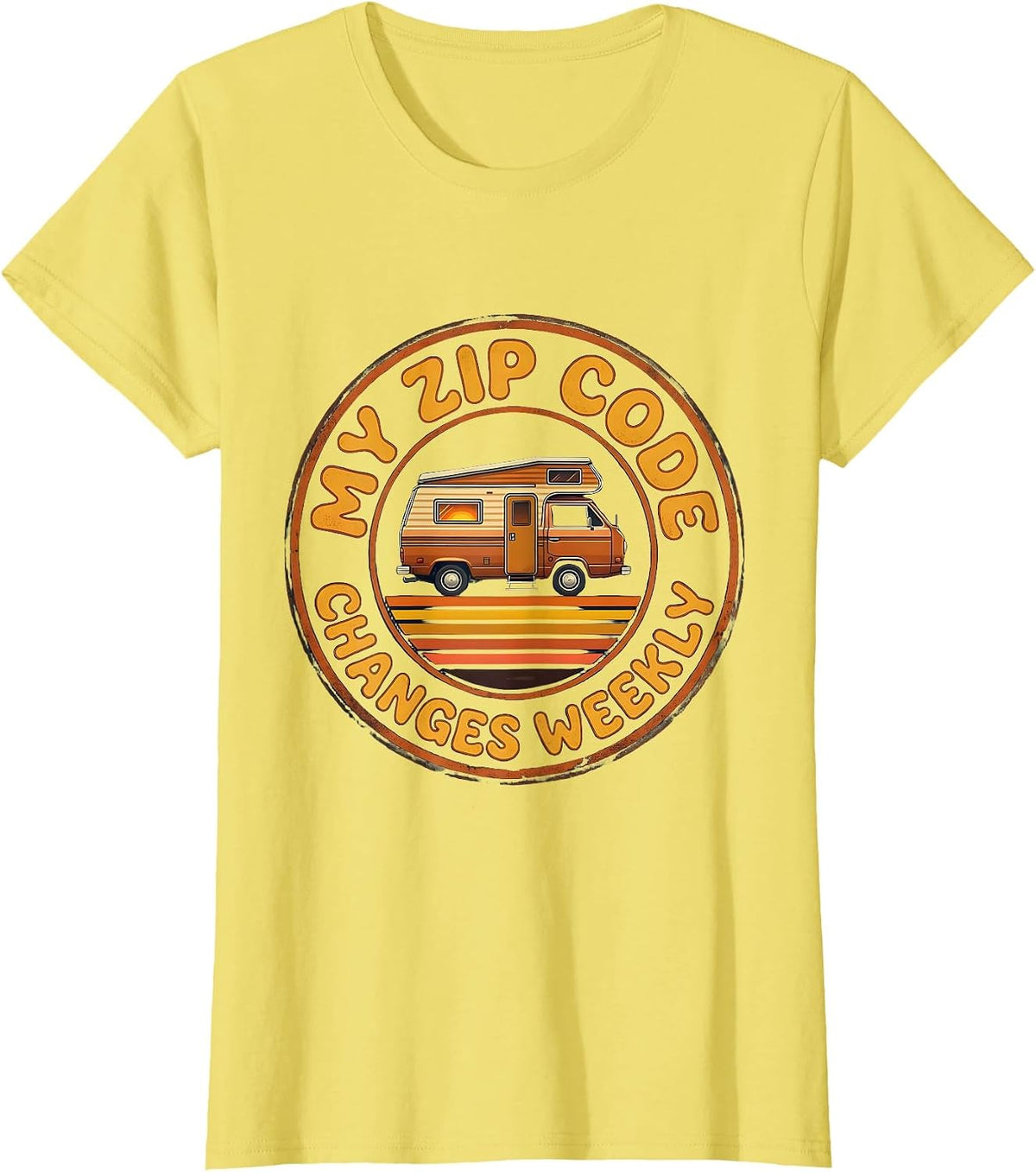 Women's My Zip Code Changes Weekly Retro Van Life Nomads Camper Van T-Shirt - Lemon Yellow