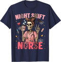 RN ICU Night Shift Nurse Skeleton Halloween Costumes Womens T-Shirt - Navy Blue