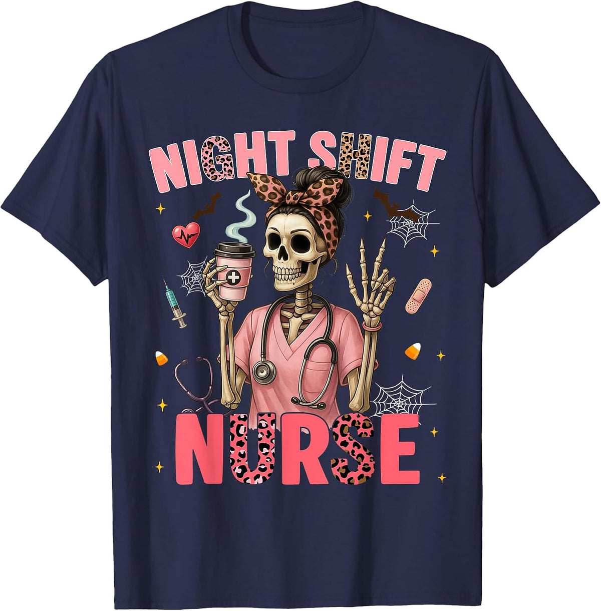 RN ICU Night Shift Nurse Skeleton Halloween Costumes Womens T-Shirt - Navy Blue