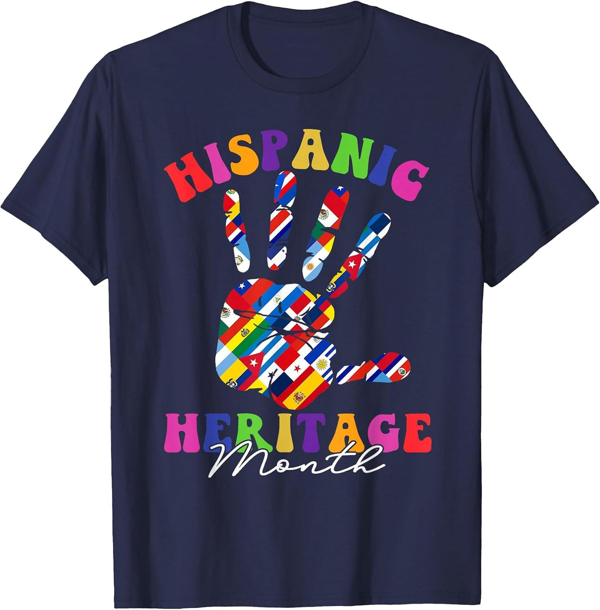 Retro Hispanic Heritage Month All Countries Heart Hands T-Shirt - Navy Blue