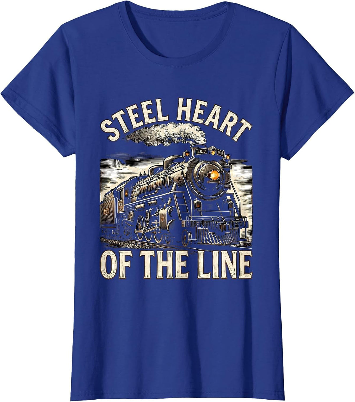 Women's Steel Heart Of The Line Vintage Steam Locomotive Railroad T-Shirt - Royal Blue