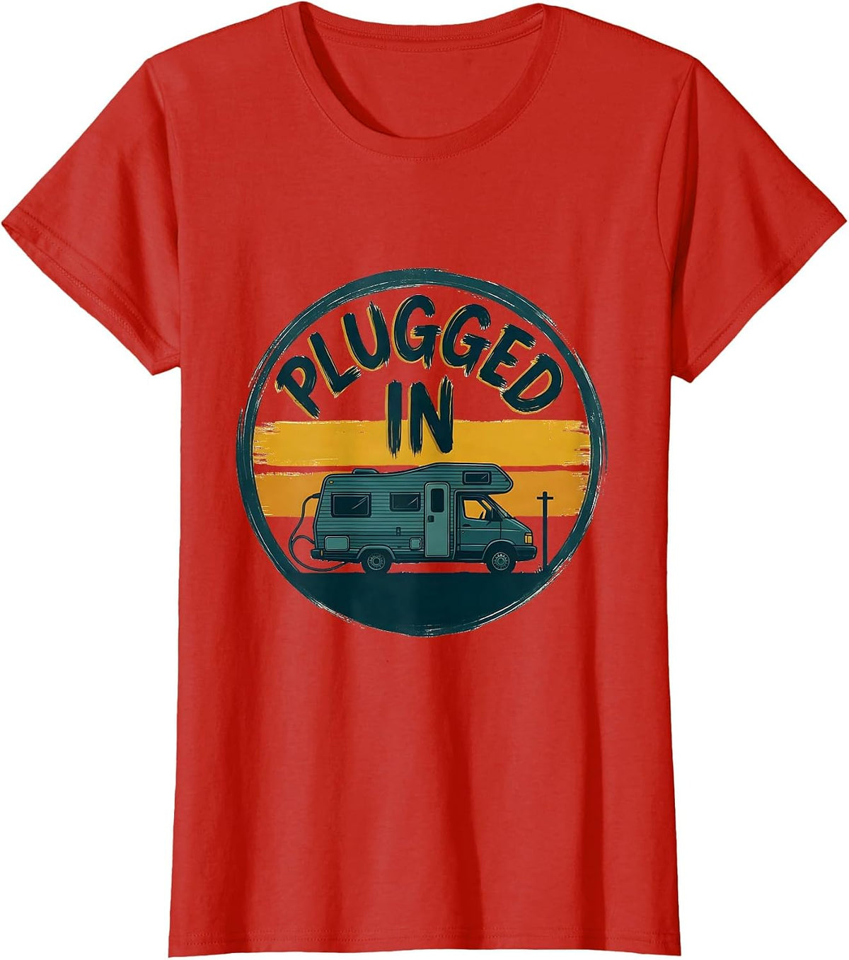 Women's Plugged In Retro Van Life Nomads Camper Badge T-Shirt - Red