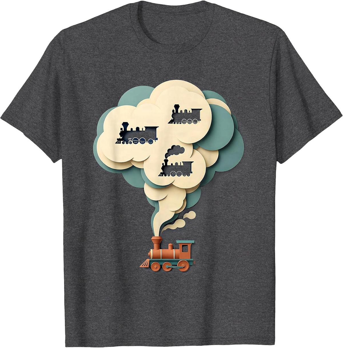 Tiny Locomotive Paper-Cutout Train Enthusiast Humor T-Shirt - Dark Heather Grey