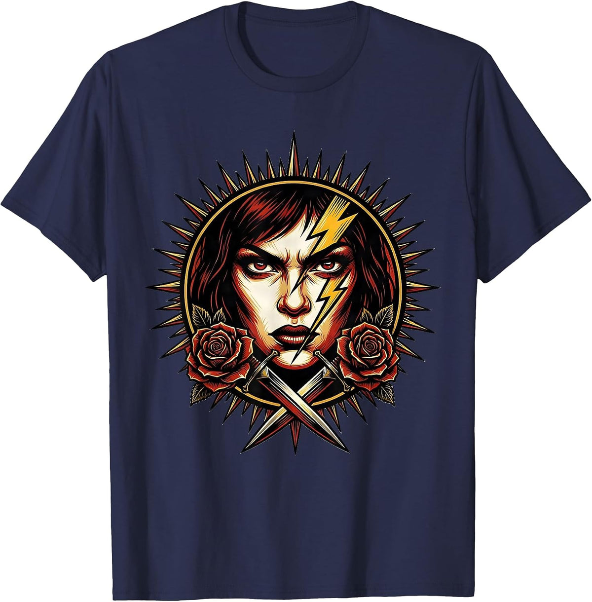 Fierce Lightning Bolt Face Paint Rock Design T-Shirt - Navy Blue