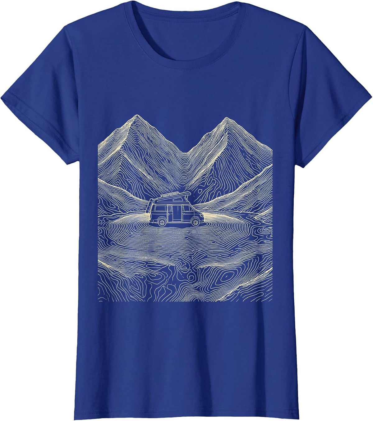 Women's Camper Van Mountain Saddle Topographic Contour Van Life T-Shirt - Royal Blue