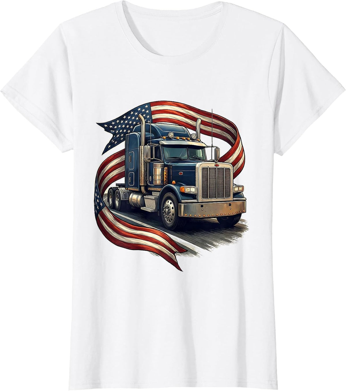 American Flag Semi Truck Driver Patriotic Trucker T-Shirt - White