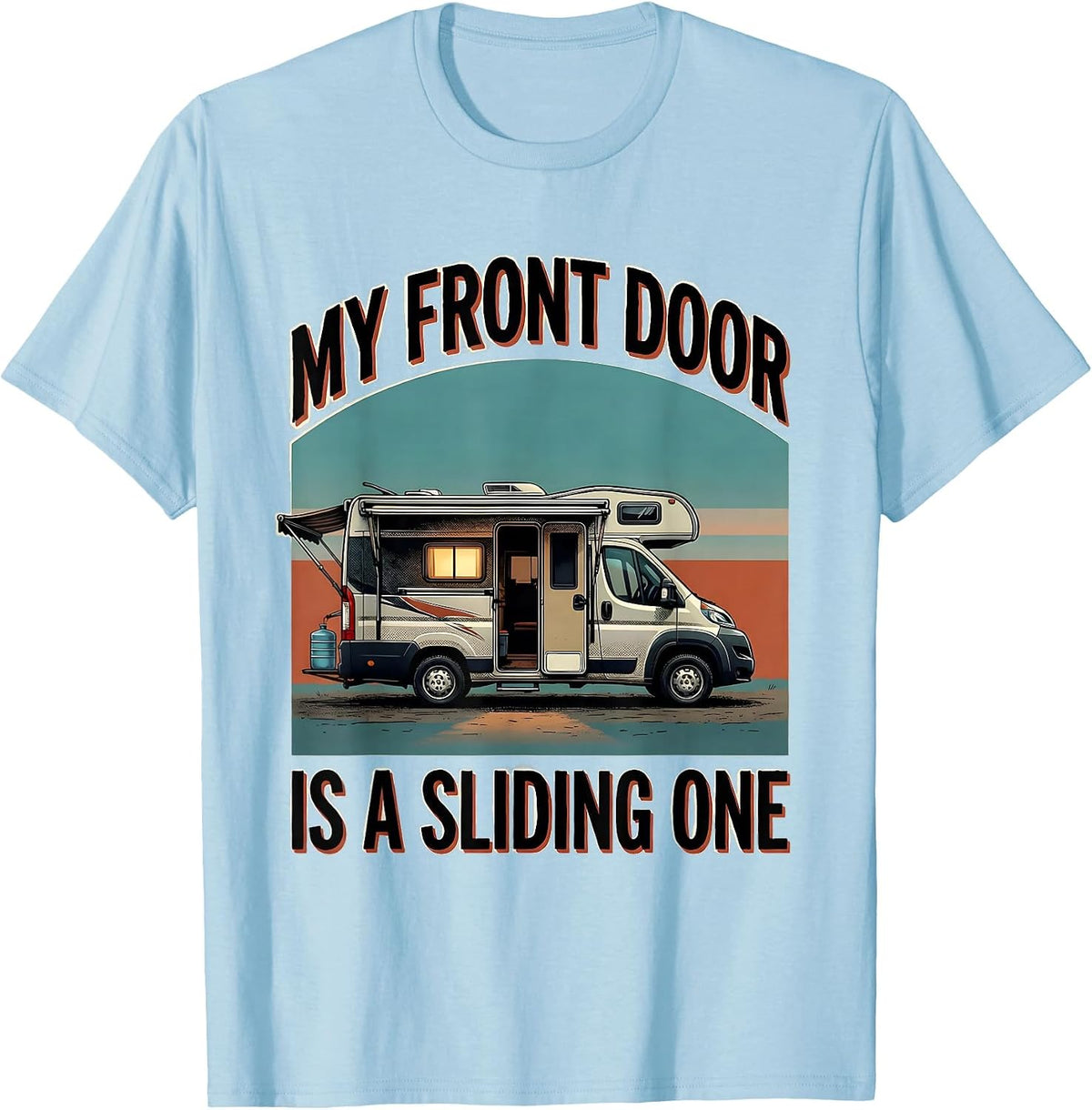 Men's My Front Door Is A Sliding One Retro Van Life Road Trip T-Shirt - Baby Blue