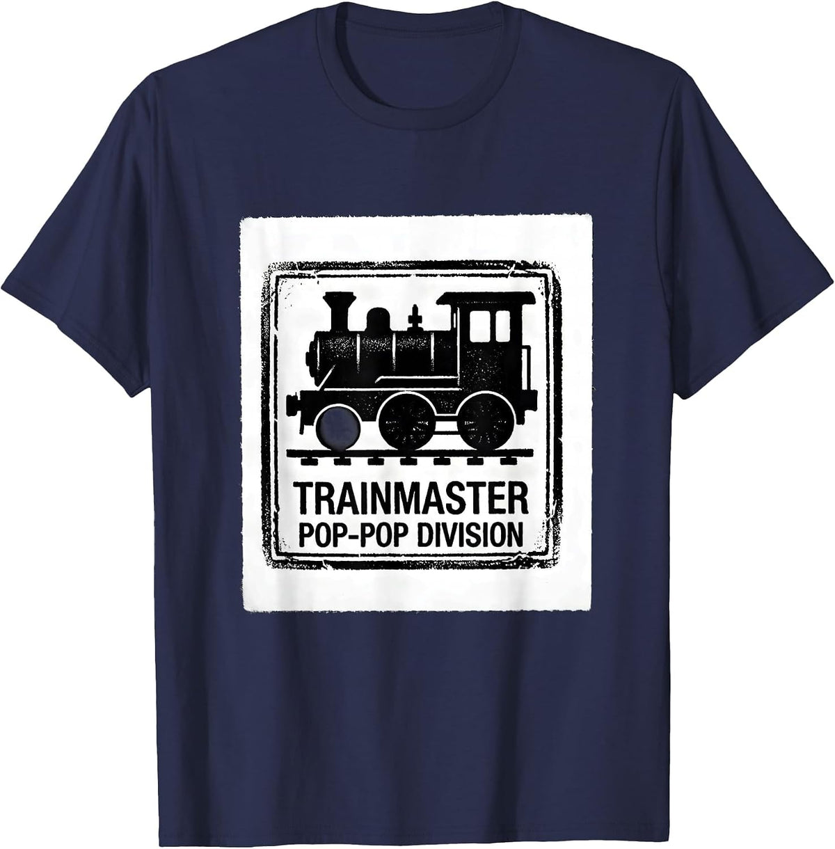 Trainmaster Pop-Pop Division Rubber Stamp Retro Train T-Shirt - Navy Blue