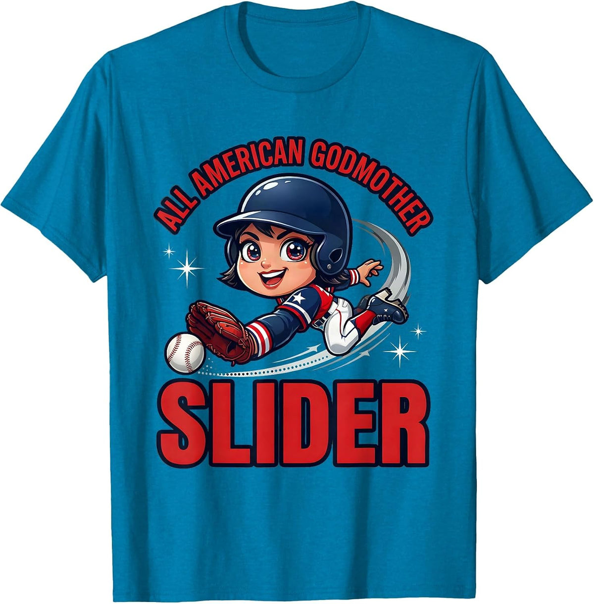 ALL AMERICAN GODMOTHER SLIDER Funny Baseball Fourth of July T-Shirt - Sapphire Blue
