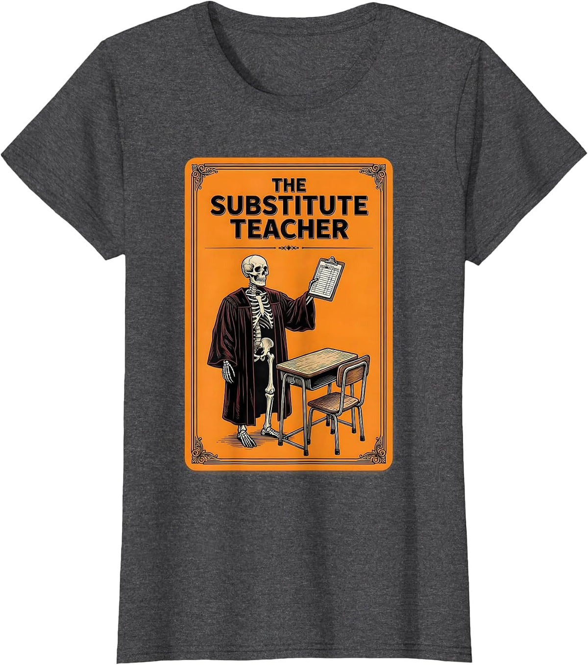 Women's The Substitute Teacher Tarot Card Halloween Skeleton Gothic T-Shirt - Dark Heather Grey