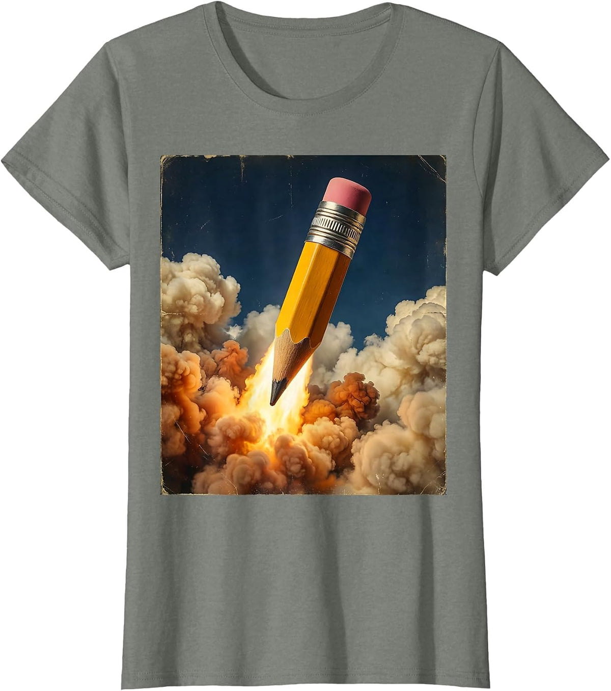 4th Grade Teacher Pencil Rocket Ship Blasting Clouds T-Shirt - Olive Heather