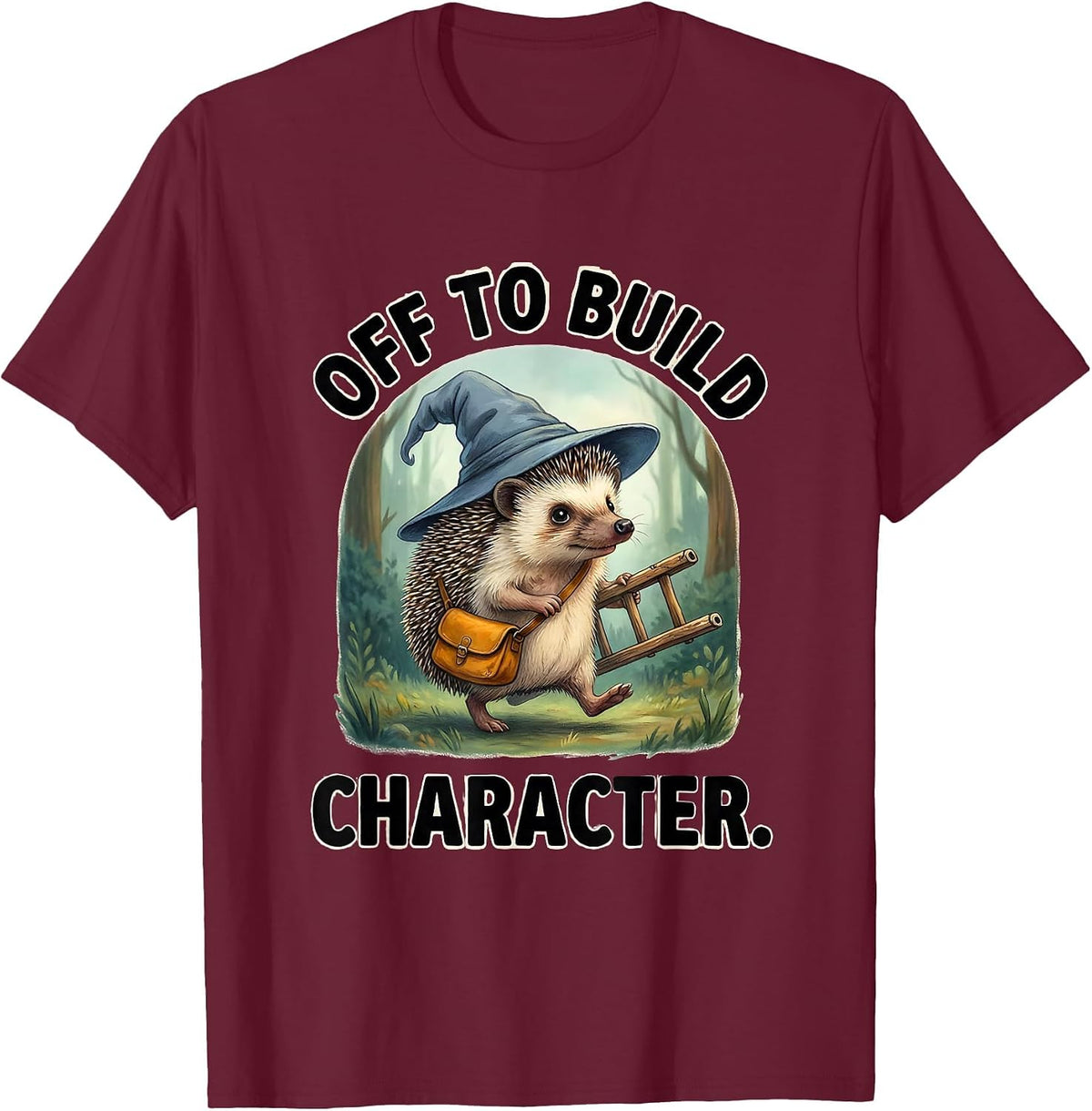 Off To Build Character Storybook Hedgehog Quirk Novelty T-Shirt - Burgundy