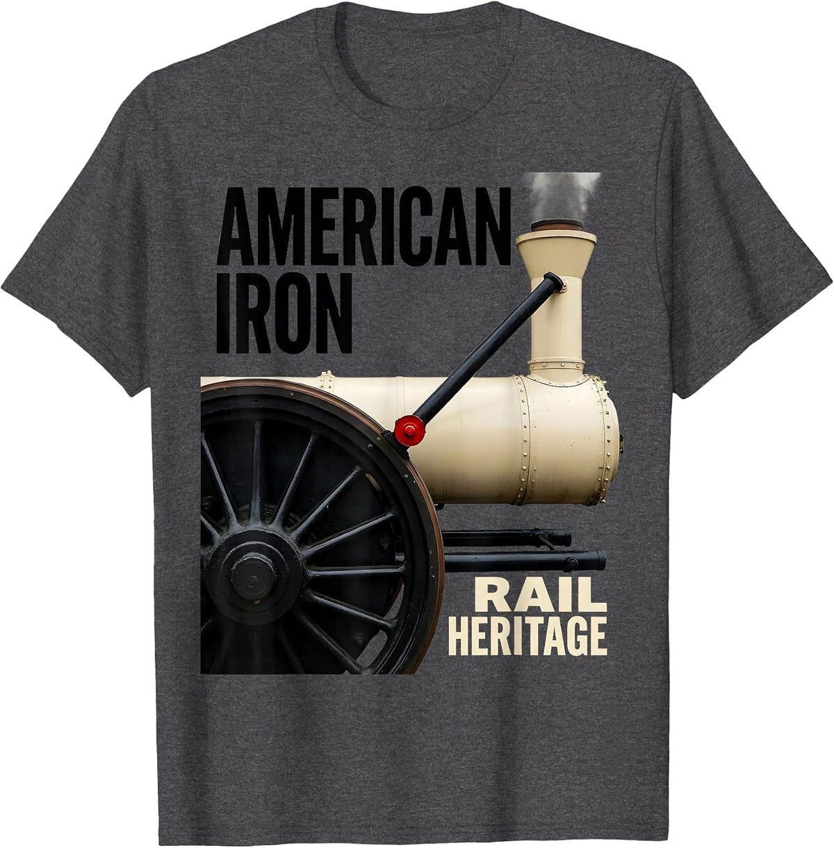 Men's American Iron Rail Heritage Retro Steam Locomotive Train T-Shirt - Dark Heather Grey