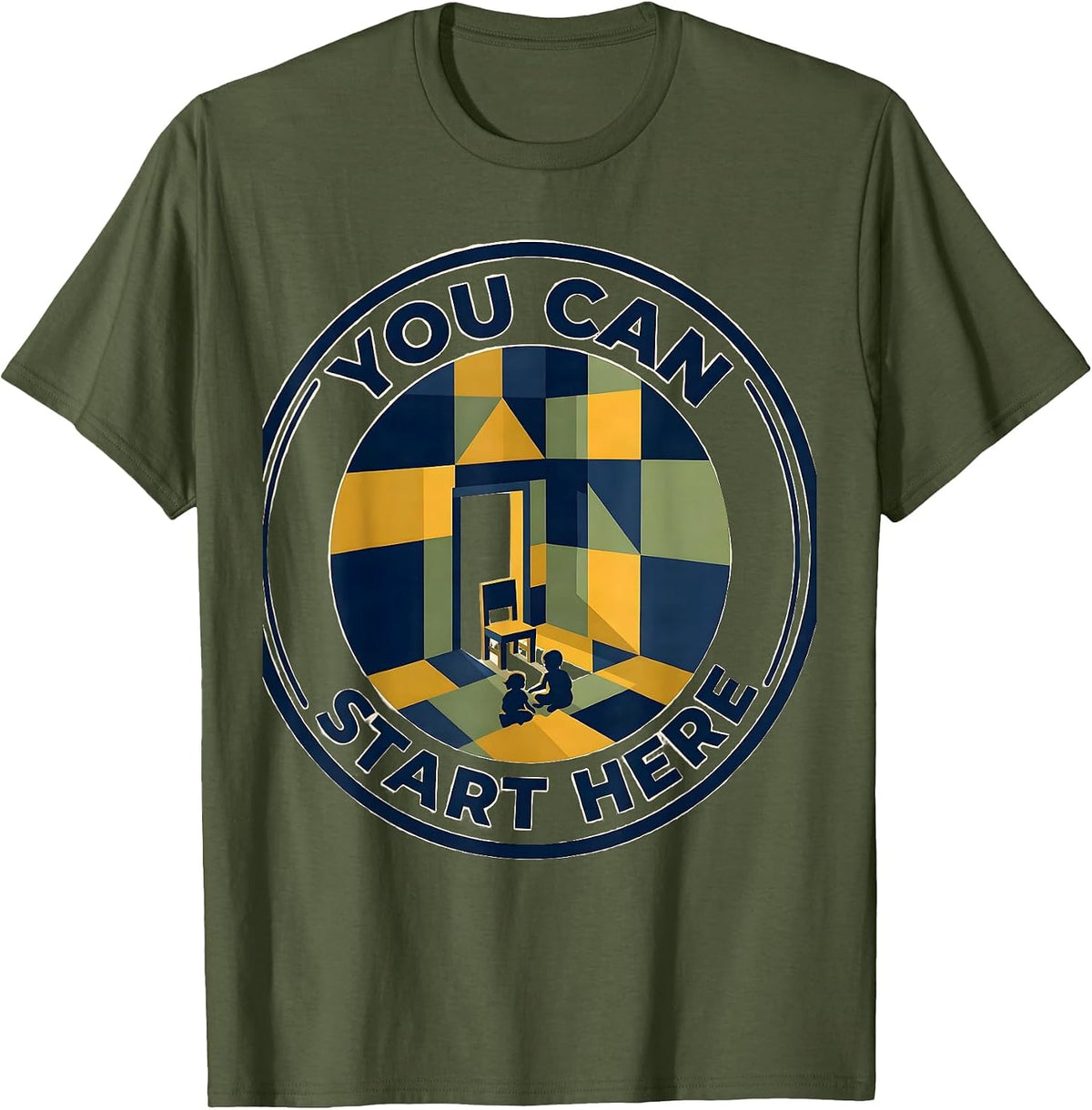 You Can Start Here Quilt Block Patchwork Counselor Mental T-Shirt - Olive Green
