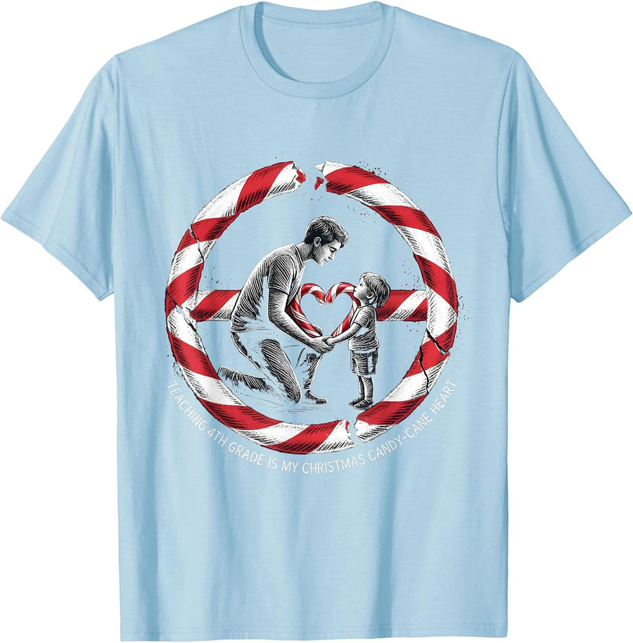 Men's Teaching 4th Grade Is My Christmas Candy-Cane Heart Teacher T-Shirt - Baby Blue