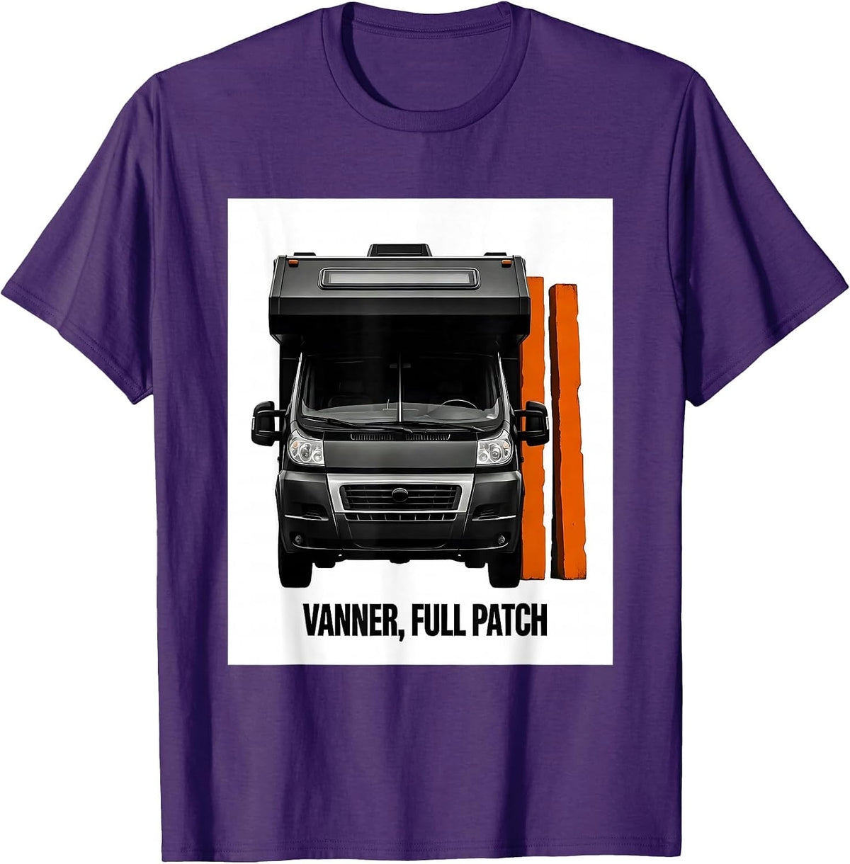 VANNER, FULL PATCH Brutalist Van Life Nomad Retro Humor T-Shirt - Purple