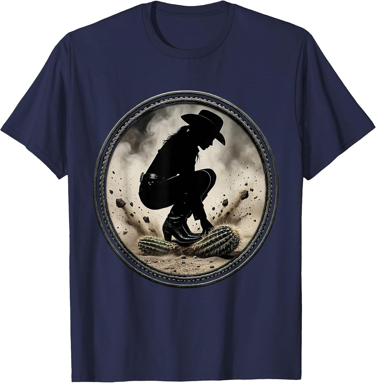 Cowgirl Boot Crushing Cactus Western Rodeo Graphic T-Shirt - Navy Blue