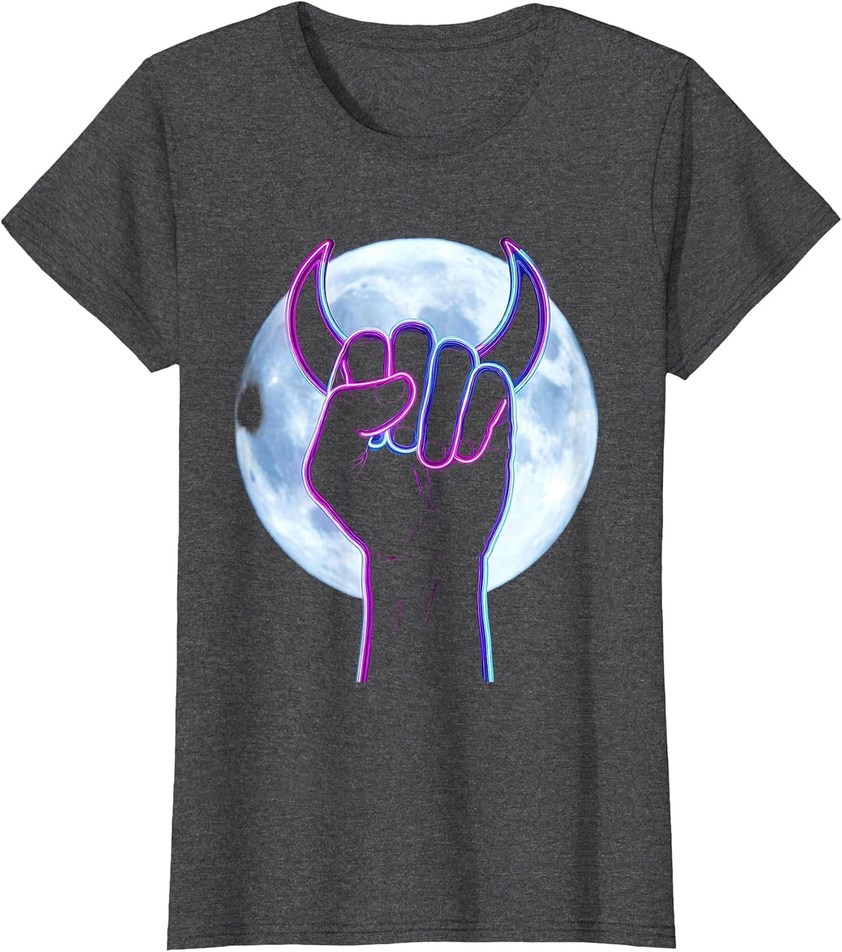 Women's Devil Horns Full Moon Rock Music Graphic T-Shirt - Dark Heather Grey