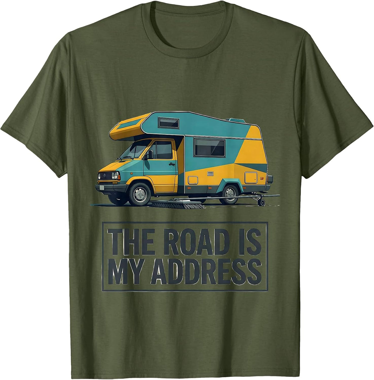 Men's The Road Is My Address Midcentury Modern Van Life Retro Road T-Shirt - Olive Green