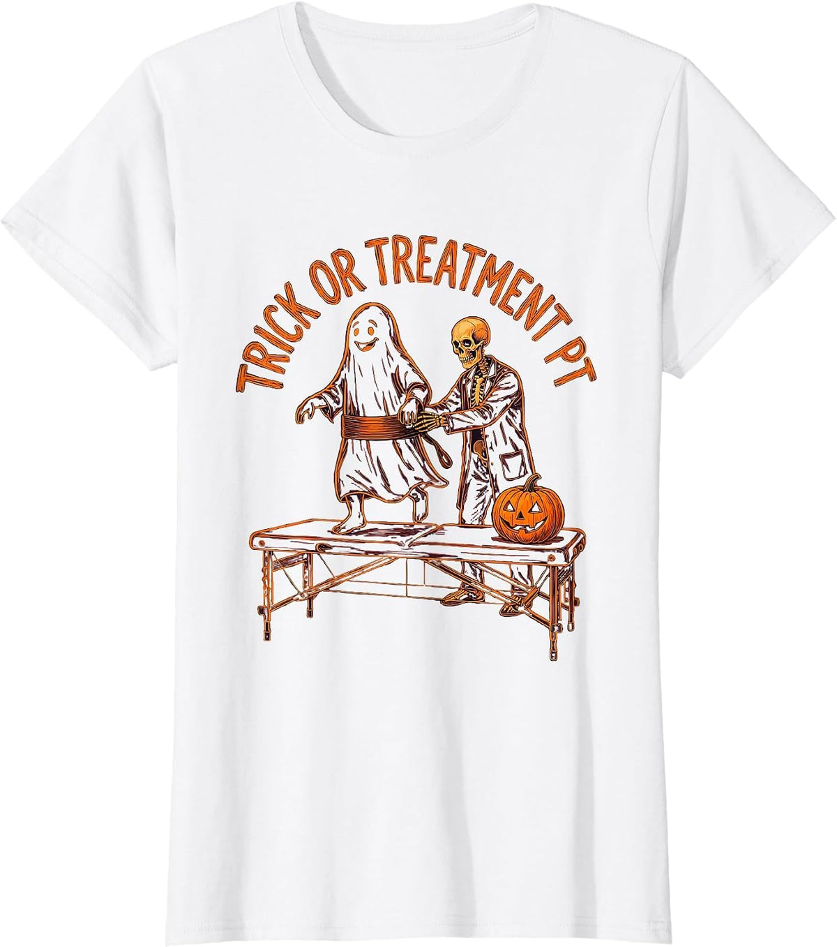 Trick Or Treatment PT Funny Physical Therapy Halloween Ghost T-Shirt - White
