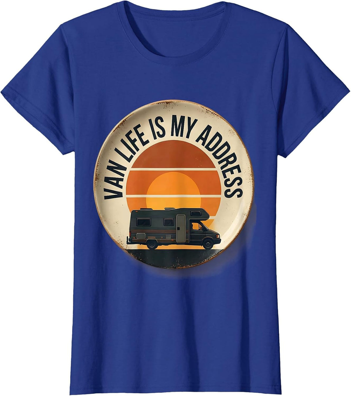 Women's Van Life Is My Address Retro Van Dweller Nomad Travel Pride T-Shirt - Royal Blue