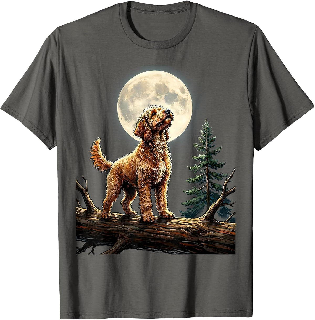 Goldendoodle Howling to The Moon Retro 90s Dog Meme T-Shirt - Asphalt Grey