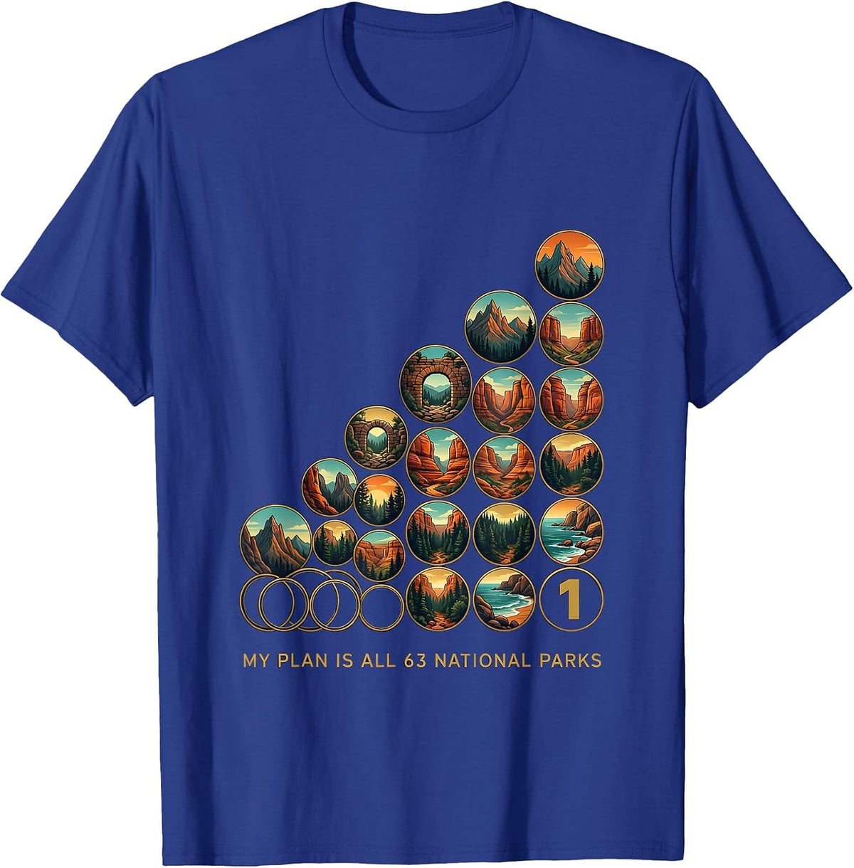 Men's My Plan Is All 63 National Parks Checklist Badge Grid T-Shirt - Royal Blue