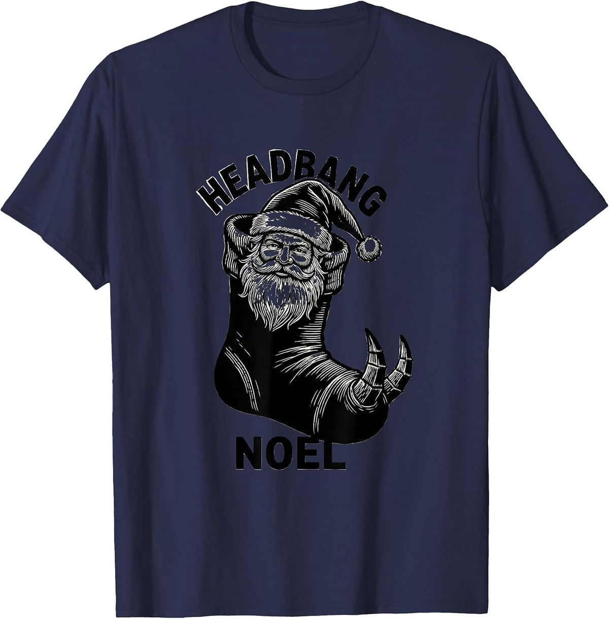 Headbang Noel Scratchboard Heavy Metal Santa Parody Rock Fan T-Shirt - Navy Blue