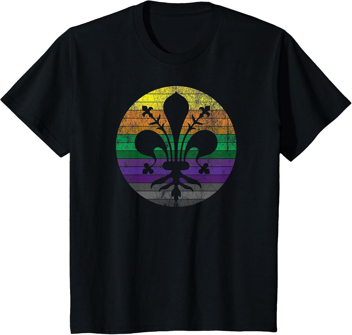 Mardi Gras Fleur de Lis - Distressed Vintage, Retro Sunset T-Shirt - Black