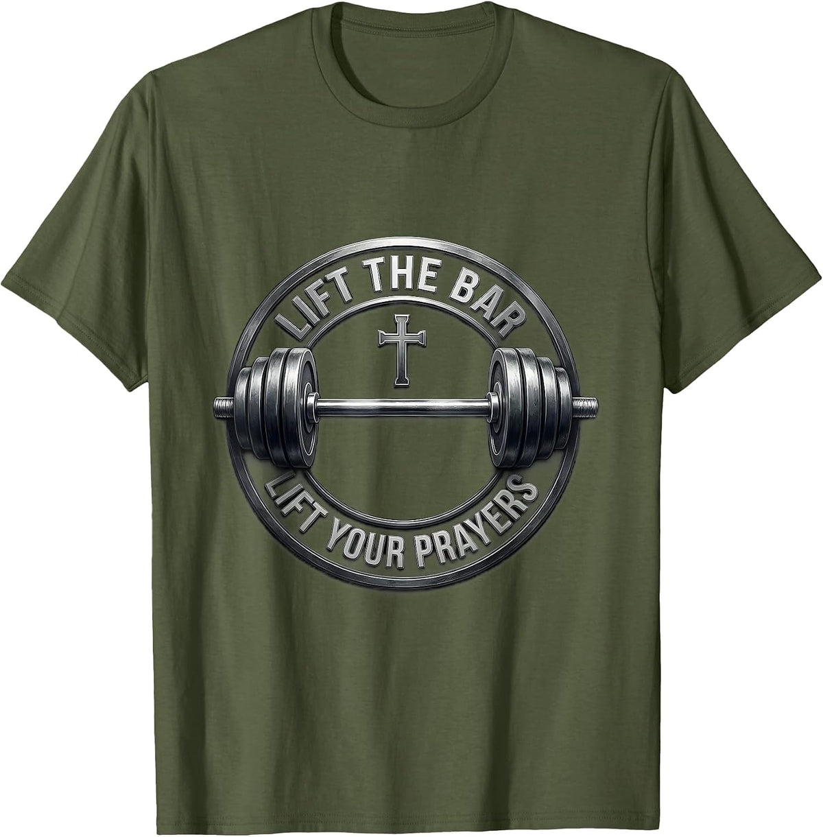 Men's LIFT THE BAR, LIFT YOUR PRAYERS Funny Christian Gym T-Shirt - Olive Green