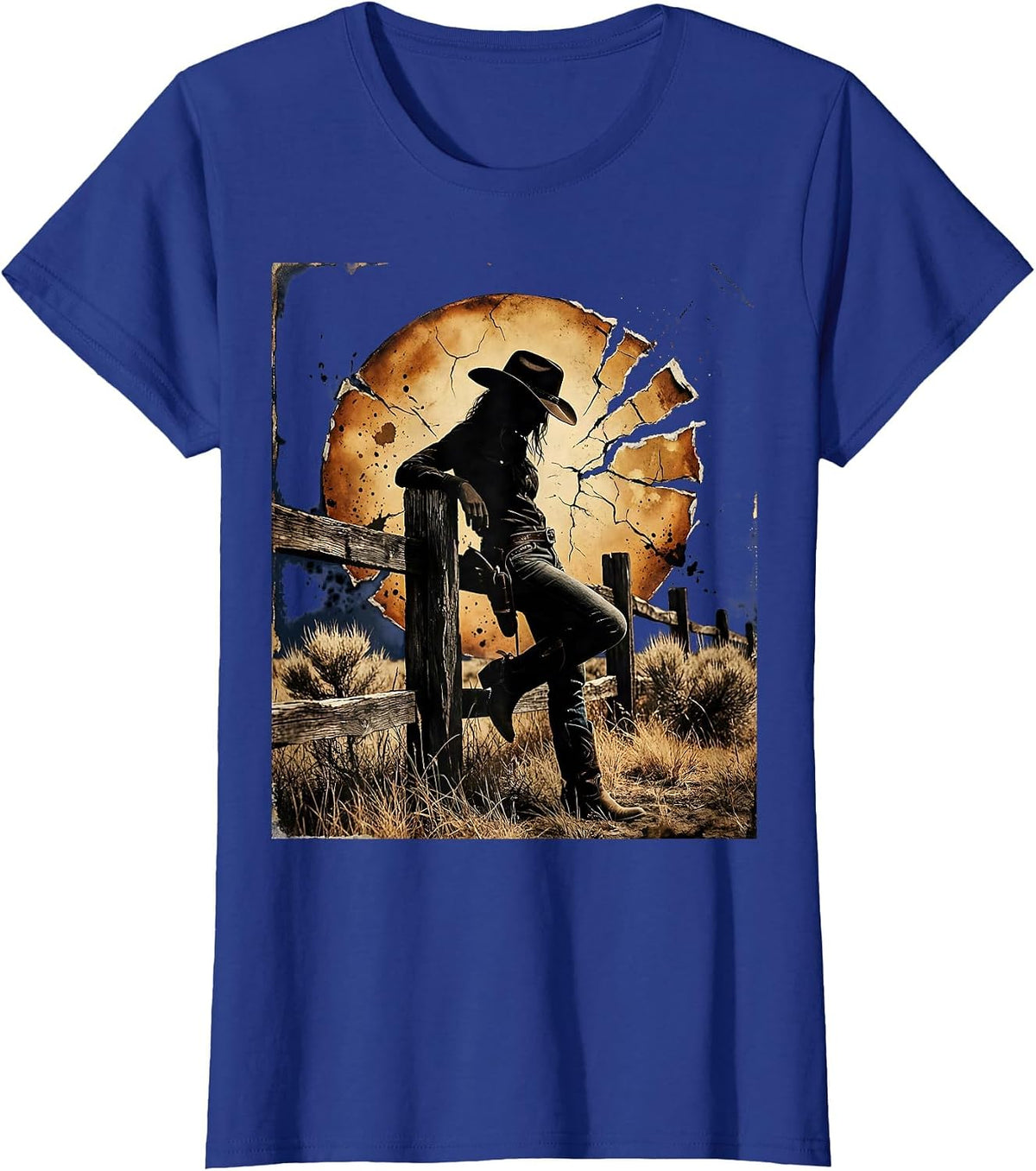 Women's Cowgirl Leaning on Fence Sunset Rodeo Design T-Shirt - Royal Blue