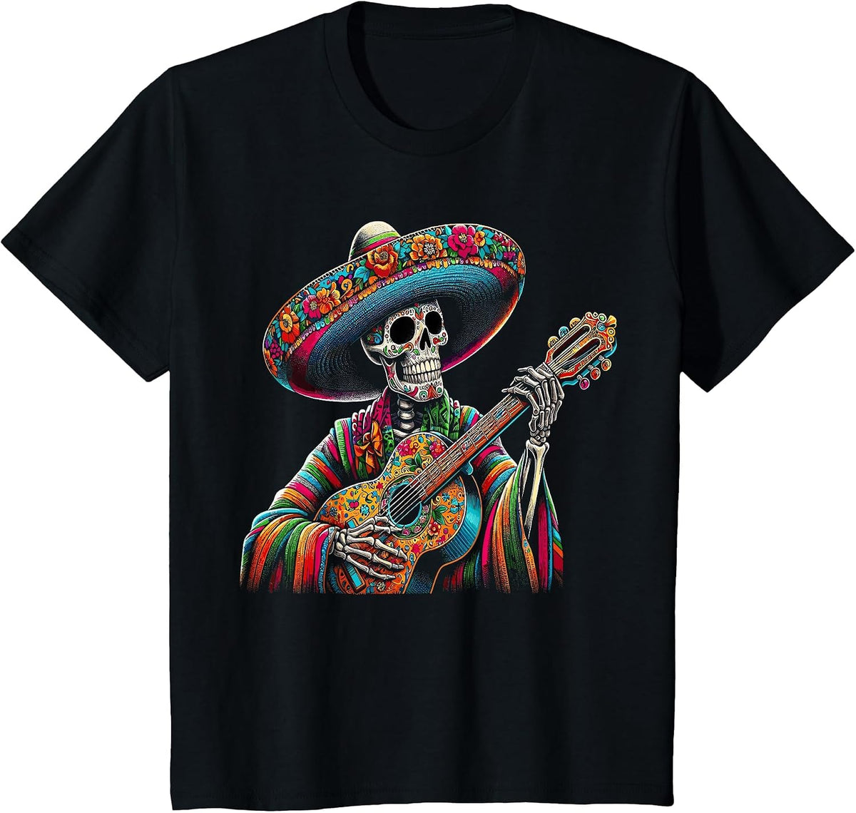 Cinco De Mayo Skeleton Skull Sombreros Guitar T-Shirt - Black
