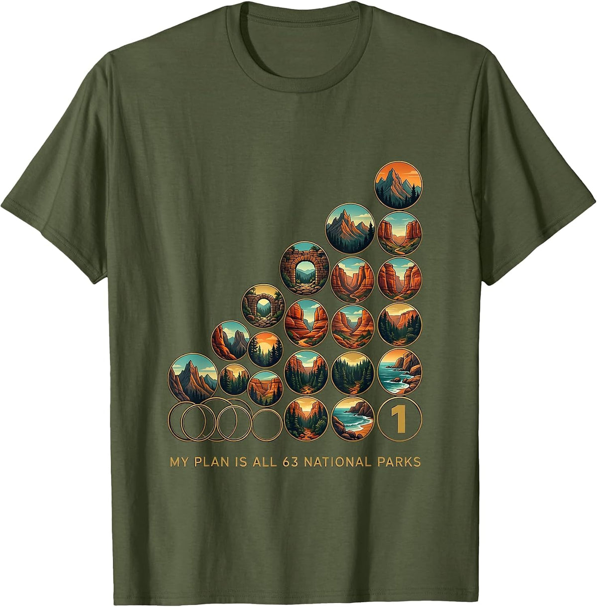 Men's My Plan Is All 63 National Parks Checklist Badge Grid T-Shirt - Olive Green