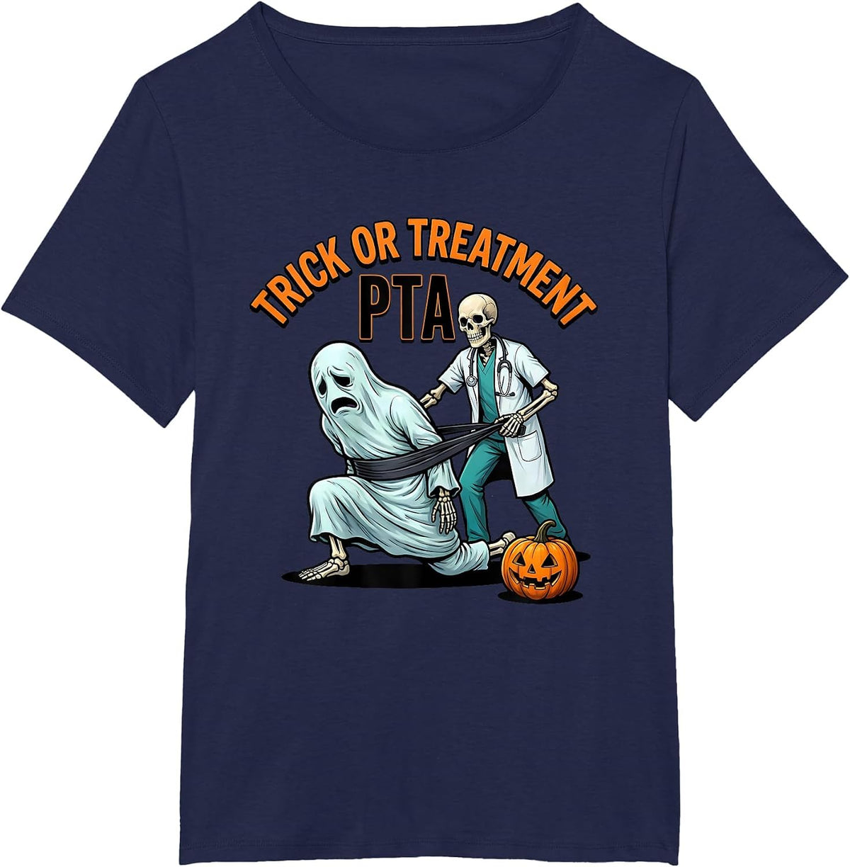 Women's Trick Or Treatment PTA Funny Physical Therapy Halloween T-Shirt - Navy Blue