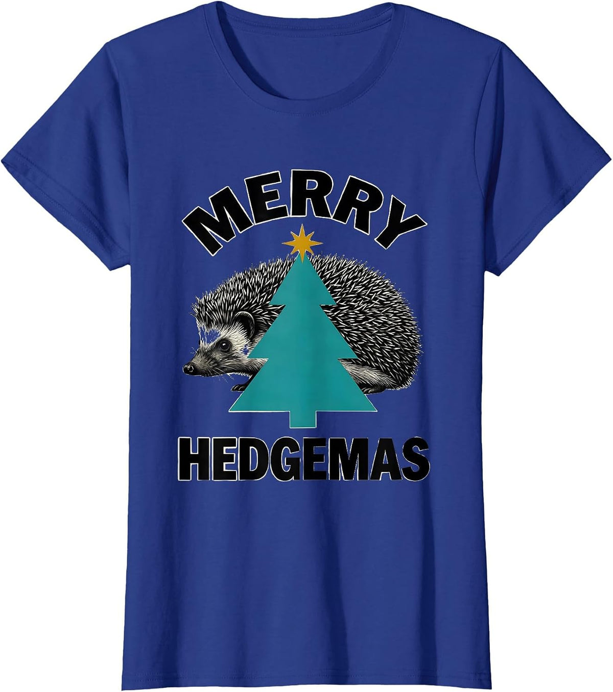 Women's Merry Hedgemas Midcentury Modern Hedgehog Christmas Tree T-Shirt - Royal Blue