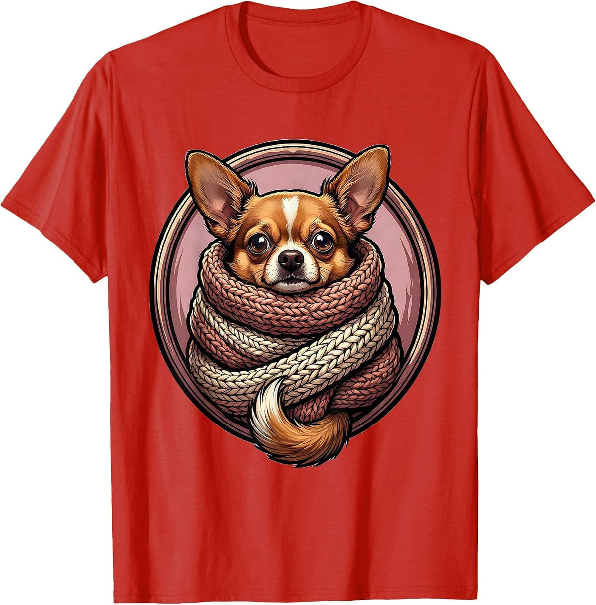 Men's Cozy Chihuahua Bundled in Oversized Knit Scarf T-Shirt - Red