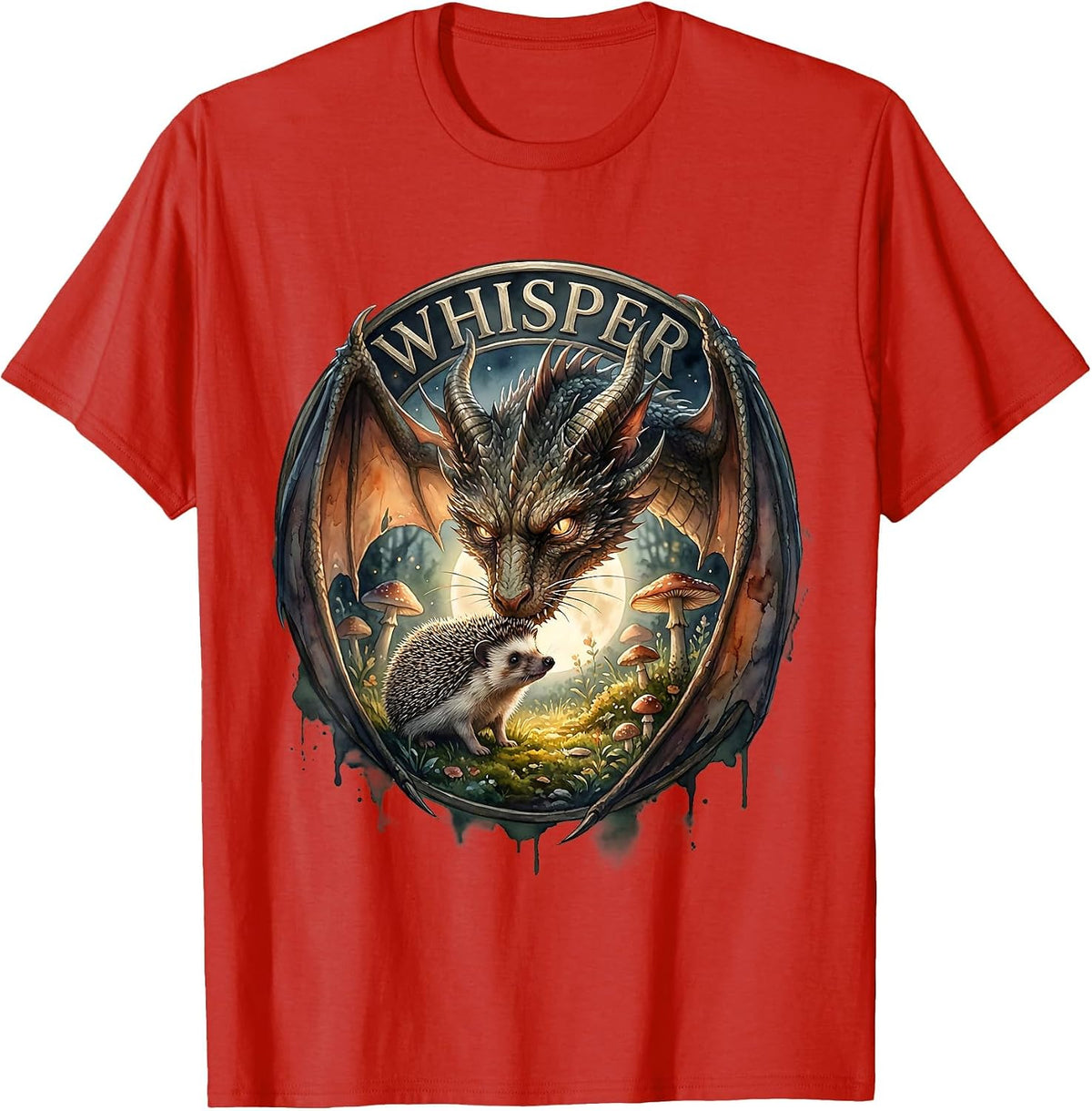 Men's Whisper Watercolor Dragon Cat Nose Boop Full Moon Fantasy T-Shirt - Red