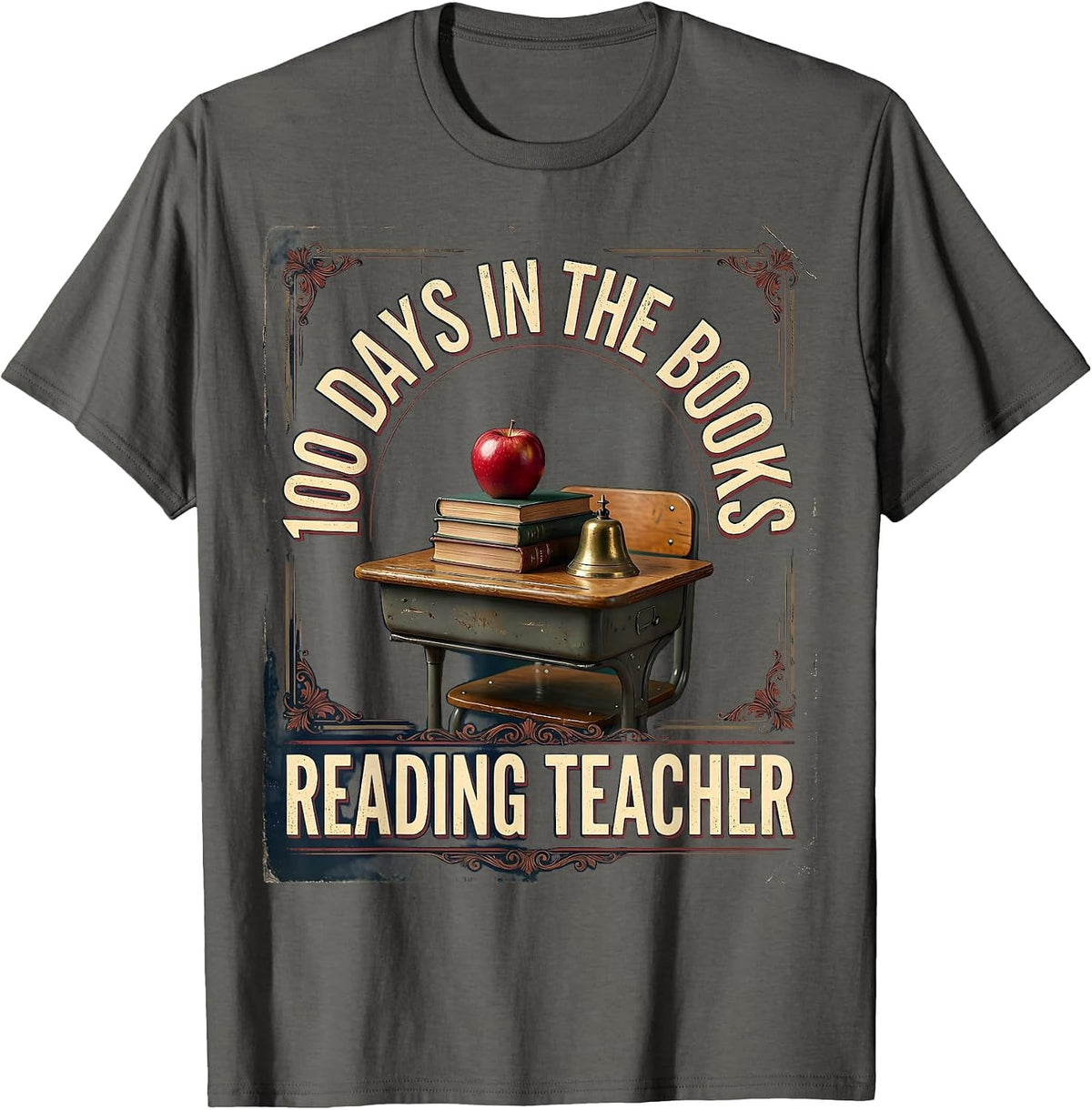 Men's 100 Days In The Books Reading Teacher Vintage School Desk T-Shirt - Asphalt Grey