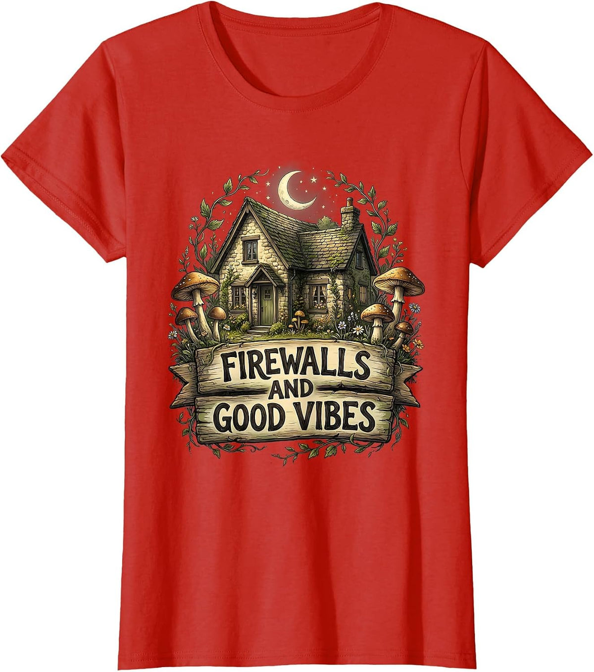 Firewalls and Good Vibes Cybersecurity Design T-Shirt - Red