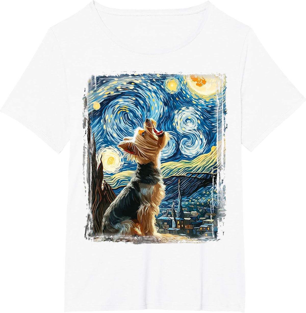 Yorkie Dog Artistic Van Gogh Starry Night Yorkshire Terrier T-Shirt - White