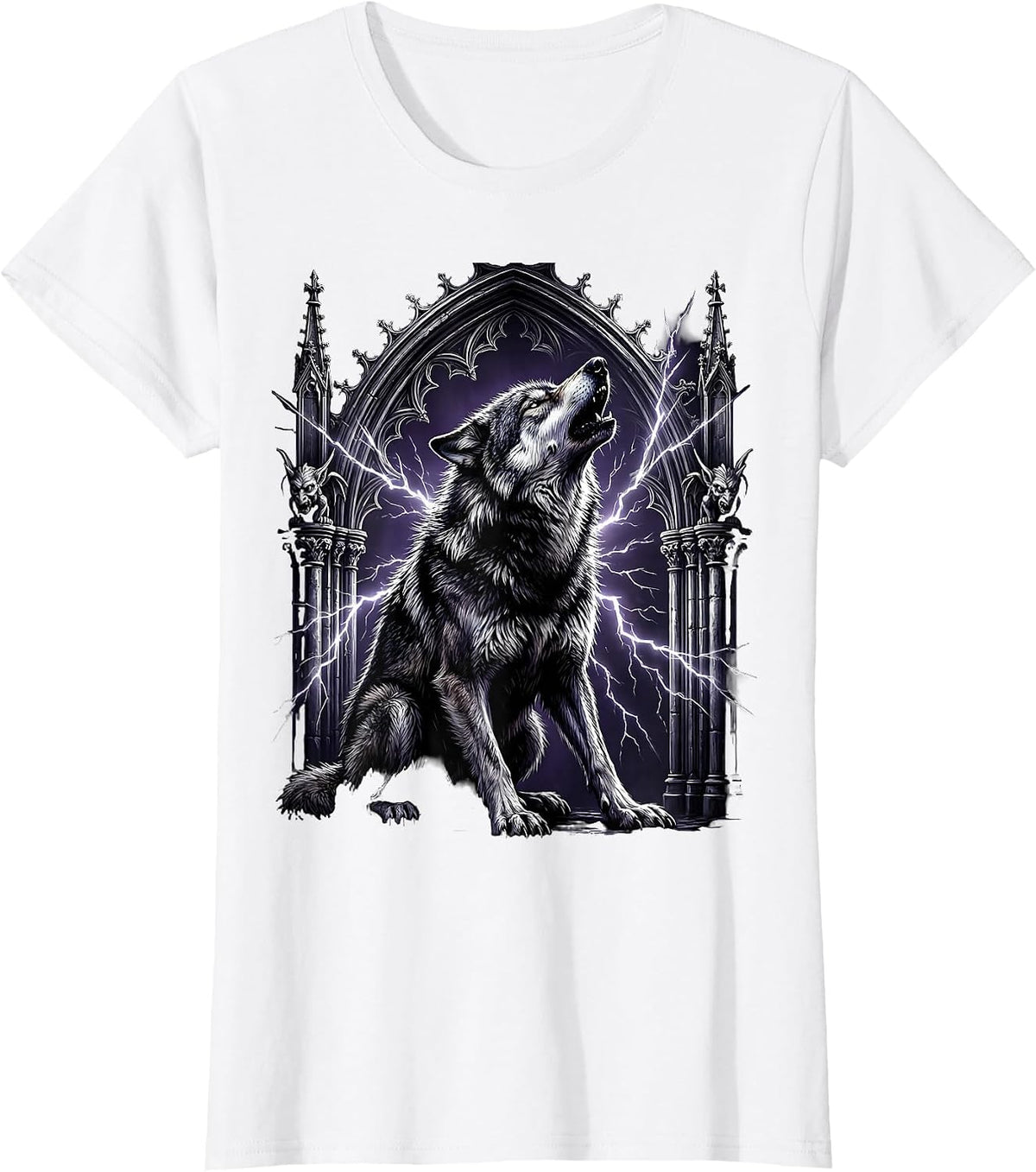 80s Rock Wolf Electric Sparks Howling Graphic T-Shirt - White