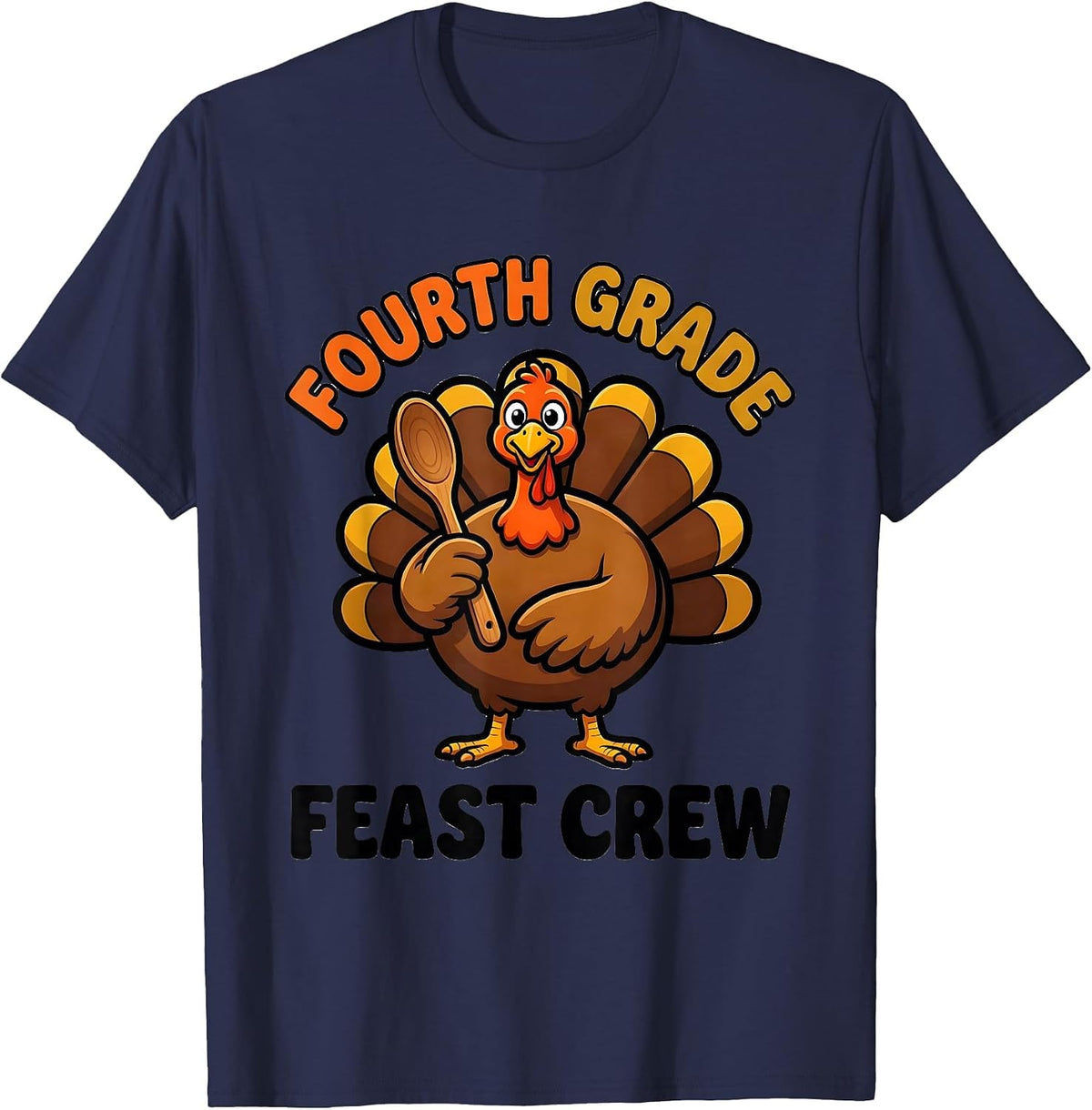 Men's Fourth Grade Feast Crew Cartoon Teacher Thanksgiving Crew T-Shirt - Navy Blue