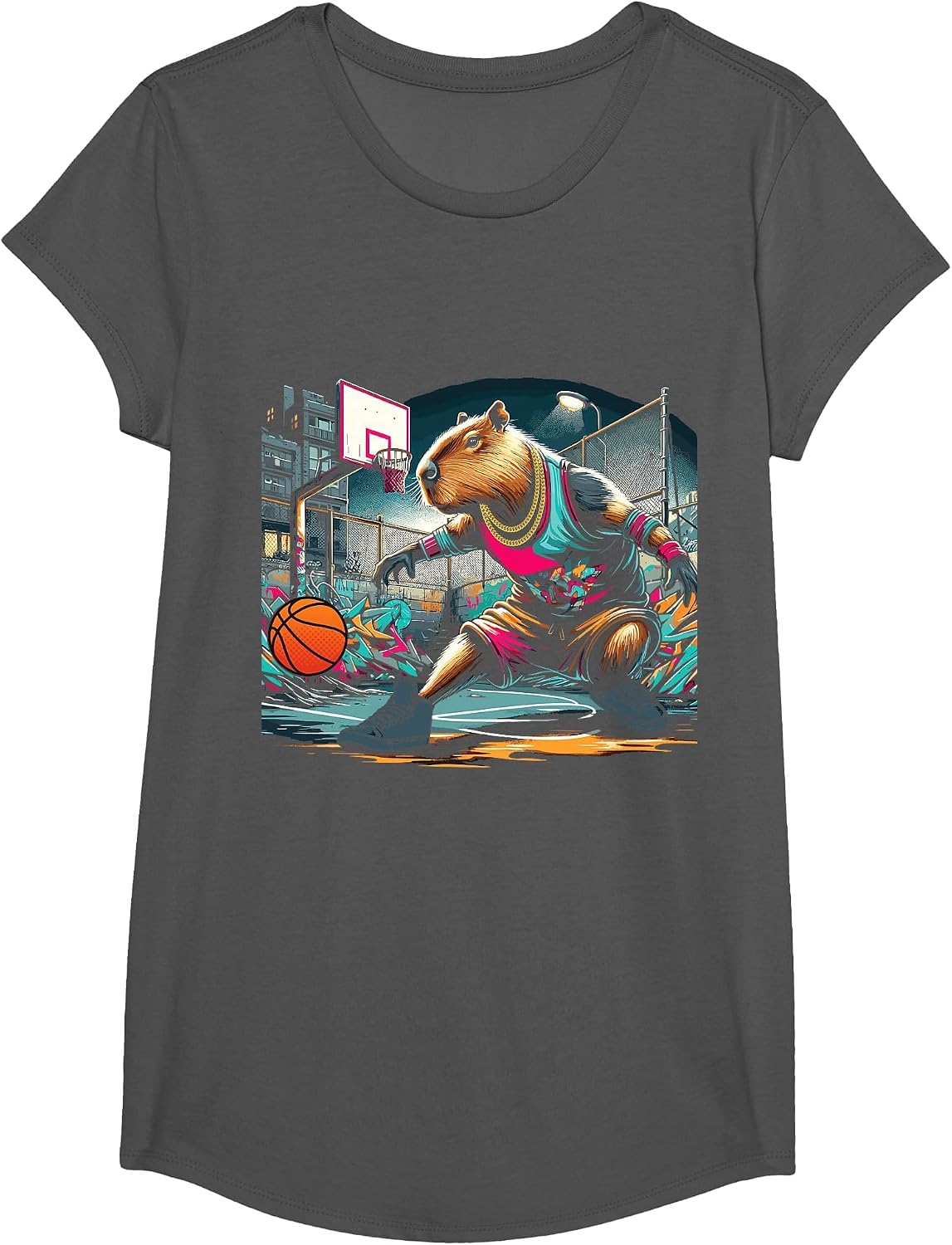 Capybara Basketball T-Shirt - Girls Asphalt Grey