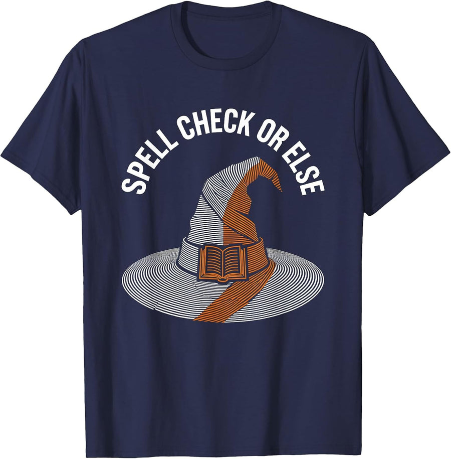 Spell Check Or Else Teacher Halloween Design T-Shirt - Navy Blue