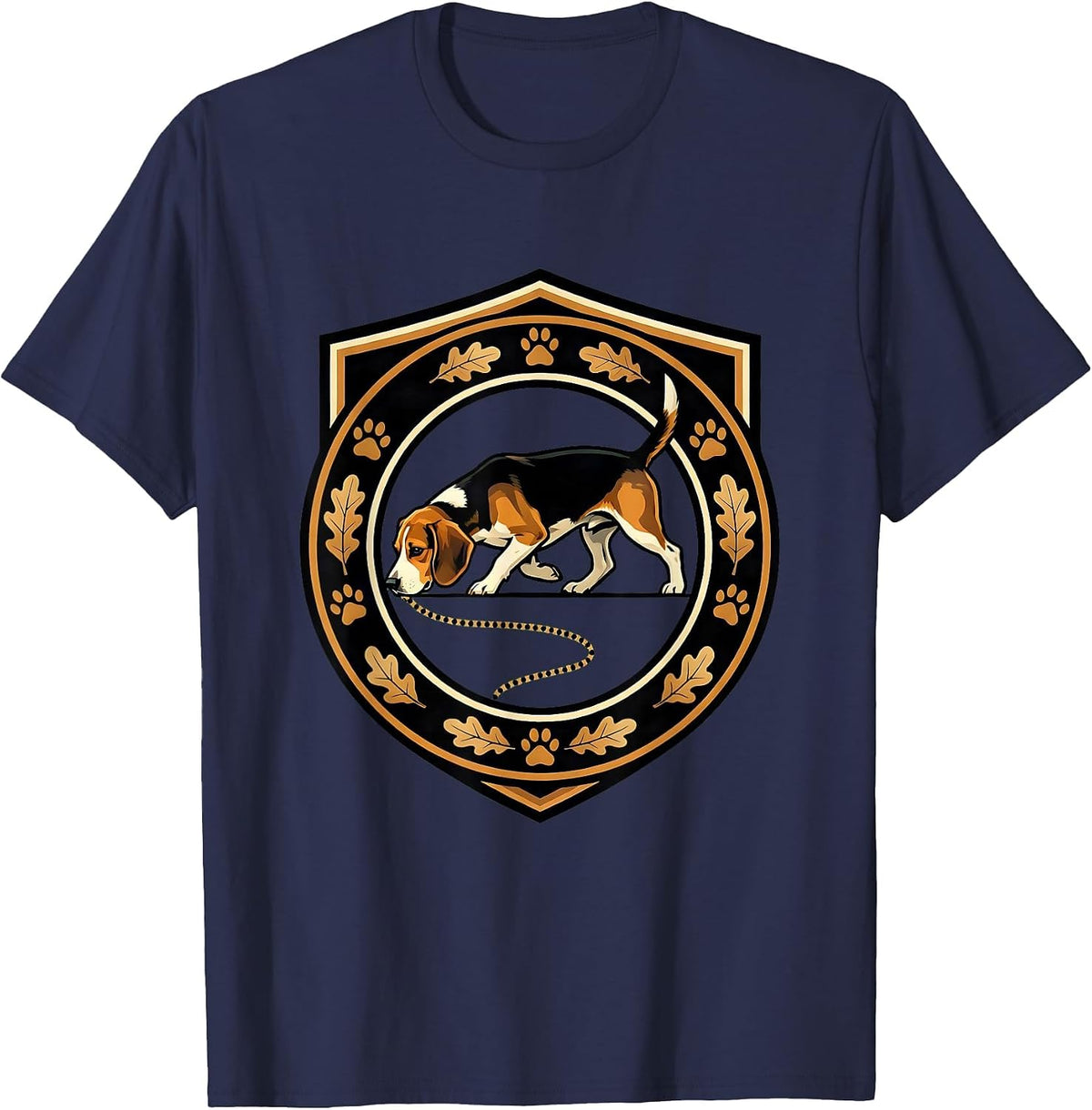 Men's Beagle On The Hunt Nose-Down Scent Trail Design T-Shirt - Navy Blue