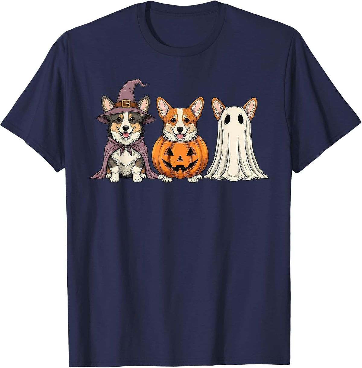 Spooky Ghost Corgi Pumpkin Halloween Dog Lover T-Shirt - Navy Blue