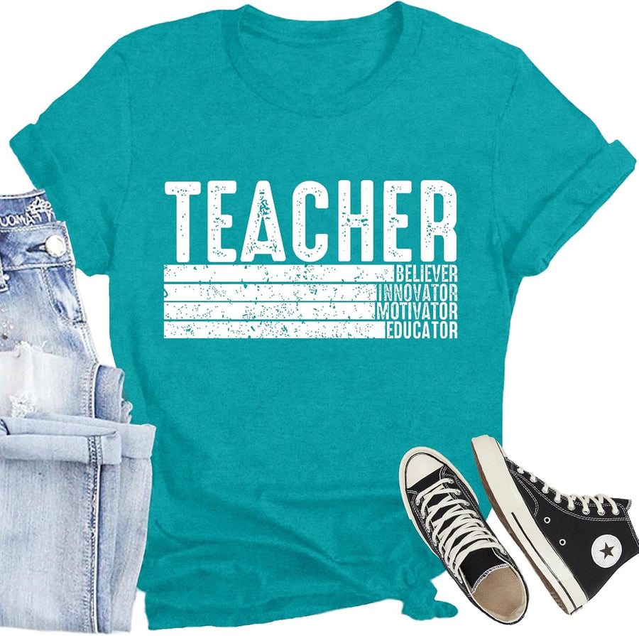 Women Teacher Shirt Teacher Life T-Shirt Back to School Tee Tops - Cyan